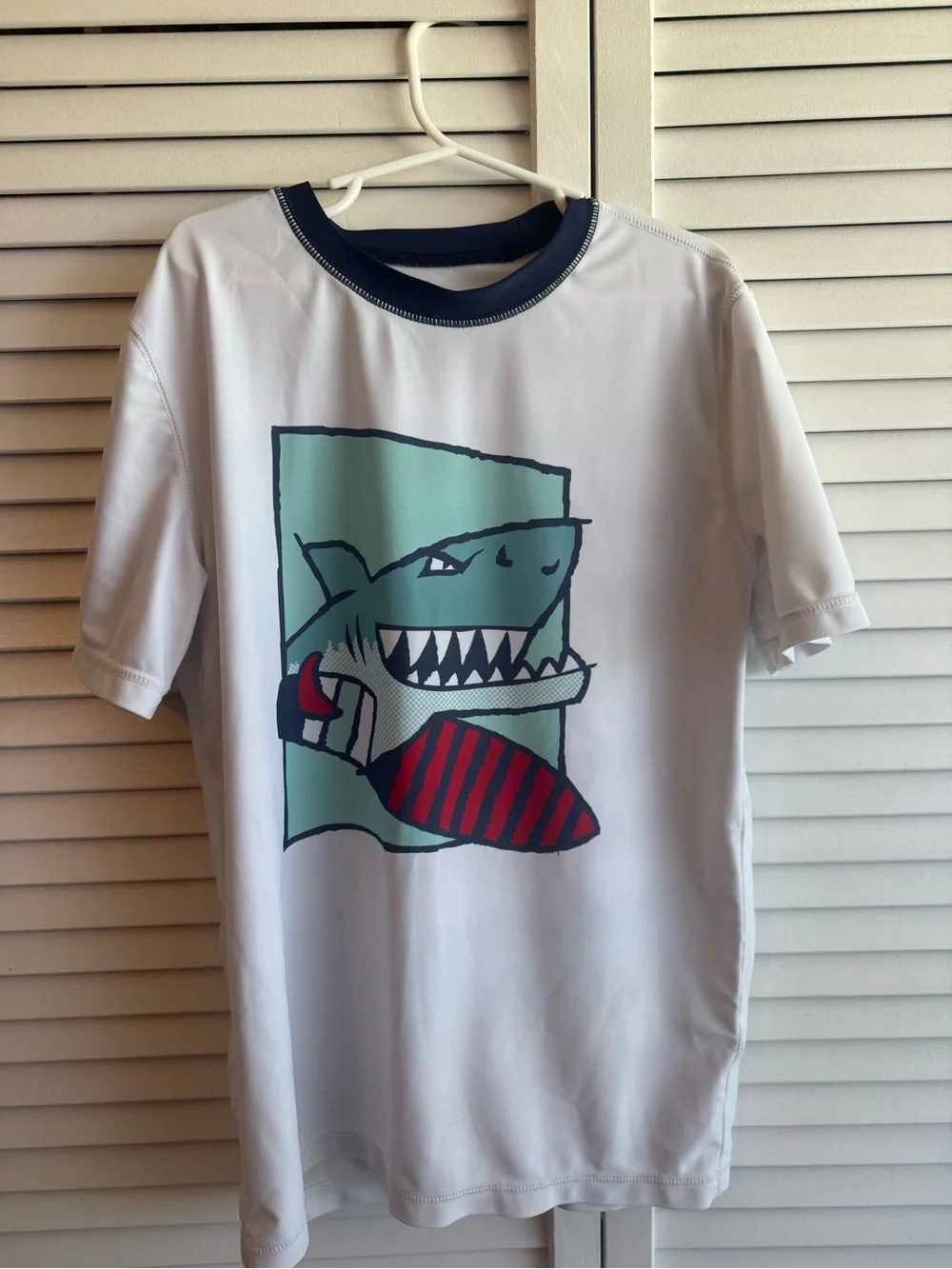 GAP Kids White with Navy Trim and Shark Graphic Short Sleeve Rashguard